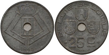 Бельгия 25 сантимов 1945 Belgie-Belgique, Леопольд III (1934-1947), германская оккупация KM 132 цинк 4157-641