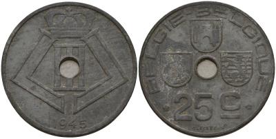 Бельгия 25 сантимов 1945 Belgie-Belgique, Леопольд III (1934-1947), германская оккупация KM 132 цинк 4157-641