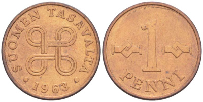 Финляндия 1 пенни 1963 первый год KM 44 медь 4519-555