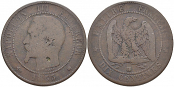 Франция 10 сантимов 1855 BB, Наполеон III (1852-1870) KM 771.3, Le Franc 133.23 бронза 3460-943
