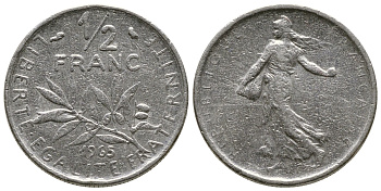 Франция 1/2 франка 1965 сеятель KM 931, Le Franc 198.3 никель 3461-253