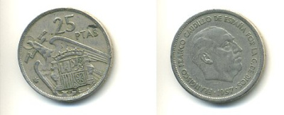 ИСПАНИЯ 25 ПЕСЕТ 1957 (69) ФРАНСИСКО ФРАНКО ДИКТАТОР ИСПАНИИ (1939-1975) KM 787 медно-никель 54-2234