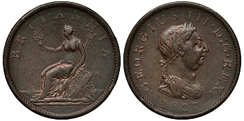Великобритания 1 пенни 1807 Георг III (1760-1820) KM 663, Spink 3780 медь 1518-411