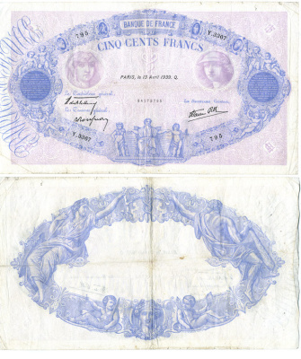 Франция 500 франков 1939 13 апреля 1939 Q Pick 88с бумага 434-3-1-1