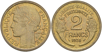 Франция 2 франка 1938 тип Морлон KM 886, Le Franc 268.11 алюминиевая бронза 3460-536