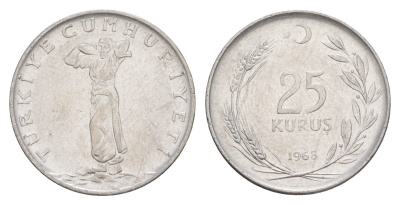 Турция 25 курушей 1968 KM 892.3 нержавеющая сталь 4648-714