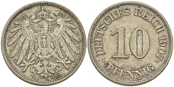 Германия 10 пфеннигов 1907 J KM 12, J. 13, Weege 8 медно-никель 259-927