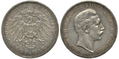 Пруссия 5 марок 1902 Вильгельм II (1888-1918) KM 523, J.104 серебро    413-4733