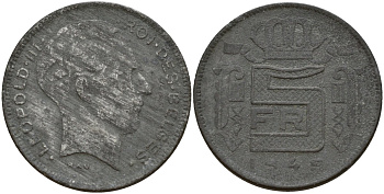Бельгия 5 франков 1945 Belges, Леопольд III (1934-1947), германская оккупация KM 129.1 цинк 4161-952