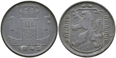 БЕЛЬГИЯ 1 ФРАНК 1945 BELGIE-BELGIQUE, ГЕРМАНСКАЯ ОККУПАЦИЯ, ВТОРАЯ МИРОВАЯ ВОЙНА KM 128 цинк 4383-346
