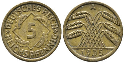 ГЕРМАНИЯ 5 РЕЙХСПФЕННИГОВ 1935 A KM 39, J. 316 алюминиевая бронза 39-566