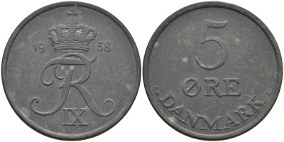 Дания 5 эре 1958 Фредерик IX (1947-1972) KM 843 цинк 4680-1045