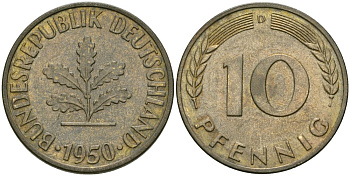 ФРГ 10 пфеннигов 1950 D KM 108, J.383 сталь плакированная латунью aUNC 4579-221