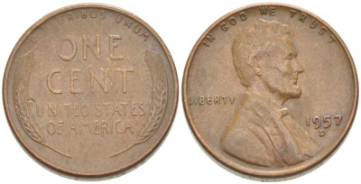 США 1 ЦЕНТ 1957 D, ЛИНКОЛЬН KM А132 медь цинк 3309-1216