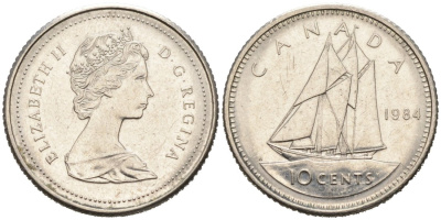 Канада 10 центов 1984 Елизавета II (1952-), парусник КМ 77 никель 4564-1256