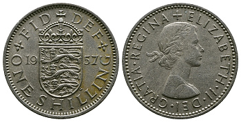 Великобритания 1 шиллинг 1957 Елизавета II (1952-2022), Английский герб KM 904, Spink 4147 медно-никель 4384-345