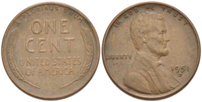 США 1 ЦЕНТ 1951 D, ЛИНКОЛЬН KM А132 медь цинк 218-563