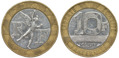 Франция 10 франков 1990 тип Гений Бастилии KM 964.1, Le Frank 375.5 биметалл 45-812