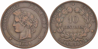 ФРАНЦИЯ 10 САНТИМОВ 1884 A, ТРЕТЬЯ РЕСПУБЛИКА (1871-1940) KM 815.1, LA FRANC 135.28 бронза 97-916