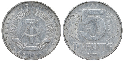 ГДР 5 ПФЕННИГОВ 1975 A KM 9.1 алюминий 62-316