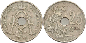 Бельгия 25 сантимов 1921 Belgie, Альберт I (1909-1934) KM 69 медно-никель 213-315