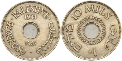 Израиль, Палестина 10 милсов 1941 Британская администрация, редкий год KM 4 медно-никель 4185-1232