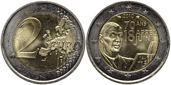Франция 2 евро 2010 70 лет речи Шарля де Голля "Ко всем французам" KM 1676 биметалл UNC 4112-324