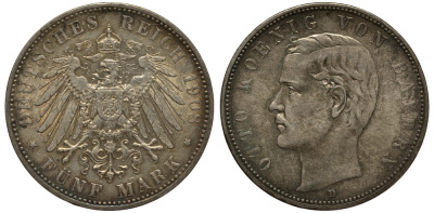 Бавария 5 марок 1908 Отто (1886-1913) Weege 47, J. 46, KM 512 серебро 3711-1543