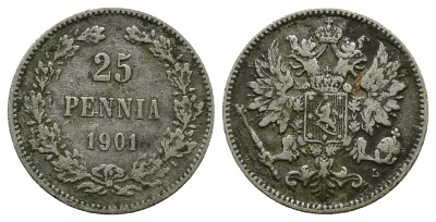 РОССИЯ ДЛЯ ФИНЛЯНДИИ 25 ПЕННИ 1901 L, НИКОЛАЙ II KM 6.2, Биткин 412 серебро 4383-453