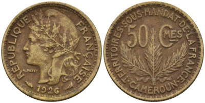 Камерун 50 сантимов 1926 (a), мондвор Париж KM 1 алюминиевая бронза 4169-1113