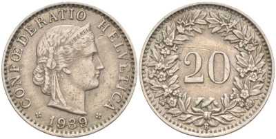 ШВЕЙЦАРИЯ 20 РАППЕНОВ 1939 В KM 29a медно-никель 55-652