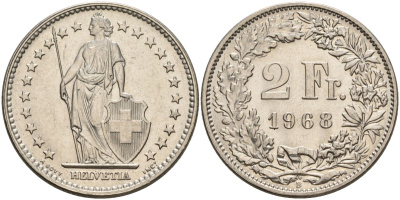 Швейцария 2 франка 1968 B KM 21a медно-никель 4607-614