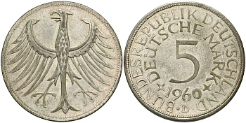 ФРГ 5 марок 1960 D KM 112.1 серебро  4112-336