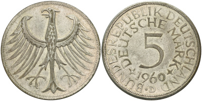 ФРГ 5 марок 1960 D KM 112.1 серебро  4112-336
