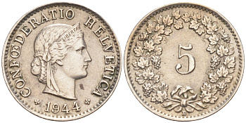 Швейцария 5 раппенов 1944 В KM 26 медно-никель 4547-719