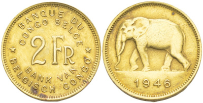 Бельгийское Конго 2 франка 1946 слон KM 28 латунь 4541-1013