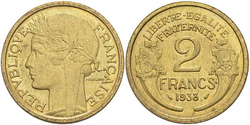 Франция 2 франка 1938 тип Морлон KM 886, Le Franc 268.11 алюминиевая бронза 3460-541