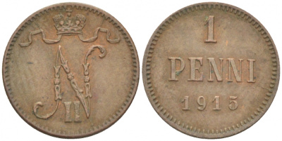РОССИЯ ДЛЯ ФИНЛЯНДИИ 1 ПЕННИ 1915 НИКОЛАЙ II KM 13, Биткин 475 медь 4396-1443