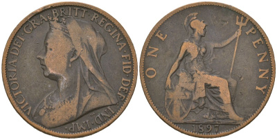 Великобритания 1 пенни 1897 Виктория (1837-1901) KM 790, Spink 3961 бронза 221-144
