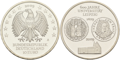 ФРГ 10 евро 2009 A, 600 лет университета Лейпцига KM 282, DE.S. 10.42 серебро PROOF 1076-4-23