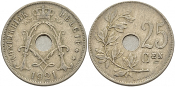 Бельгия 25 сантимов 1921 Belgie, Альберт I (1909-1934) KM 69 медно-никель 4529-1124