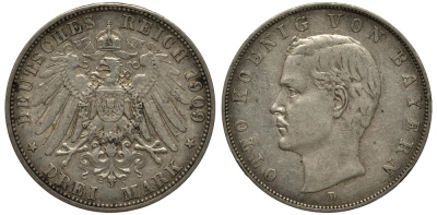 Бавария 3 марки 1909 Отто (1886-1913) Weege 45, J. 47, KM 515 серебро 3711-1925