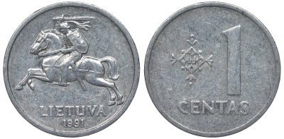Литва 1 цент 1991 погоня, новая республика (1991-) KM 85 алюминий 4122-321