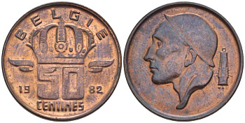 БЕЛЬГИЯ 50 САНТИМОВ 1982 BELGIE, БОДУЭН I (1951-1993) KM 149.1 бронза 214-228