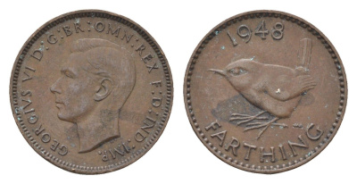 Великобритания 1 фартинг 1948 Георг VI (1936-1952) KM 843, Spink 4116 бронза 4664-355