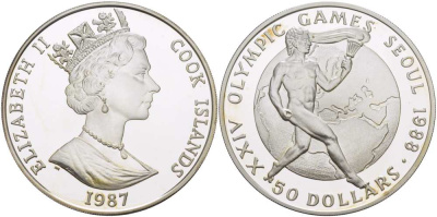 ОСТРОВА КУКА 50 ДОЛЛАРОВ 1987 XXIV ОЛИМПИЙСКИЕ ИГРЫ В СЕУЛЕ 1988 ГОДА, ФАКЕЛОНОСЕЦ, ПРОБА 925, ВЕС 28,28 ГР., ТИРАЖ 20000 ЭКЗ. KM 40 серебро PROOF 1085-7-42
