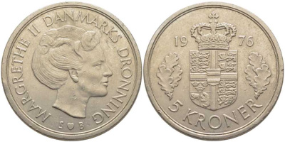 ДАНИЯ 5 КРОН 1976 S; B, МАРГРЕТЕ II (1972-) KM 863.1 медно-никель 107-414