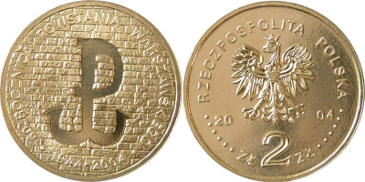 Польша 2 злотых 2004 MW, 60 лет Варшавскому восстанию 1944 года KM 496 нордик  UNC 3996-236