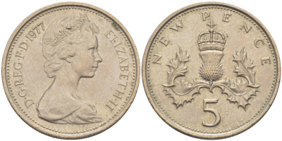 Великобритания 5 пенсов 1977 Елизавета II (1952-2022) KM 911, Spink 4233 (D1) медно-никель 83-715