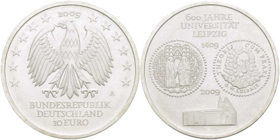 ФРГ 10 евро 2009 A, 600 лет университета Лейпцига KM 282, DE.S. 10.42 серебро UNC 413-821